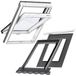 Kup mnie w pakiecie! Okno dachowe VELUX GLU MK06 0061B z kołnierzem EDZ 1000 do pokryć falistych, w kolorze RAL 7043 (szarografitowy)