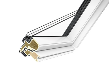 Okna dachowe VELUX GLU 0064B z dolnym otwieraniem, pakietem 3-szybowym z powłoką łatwozmywalną oraz redukcją szumu deszczu, oblachowanie zewnętrzne w kolorze RAL 7043