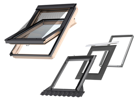 Kup mnie w pakiecie! Okno dachowe VELUX GLL FK06 1061B z markizą MHL 5060 i kołnierzem EDW 2000, w kolorze RAL 7043 (szarografitowy)