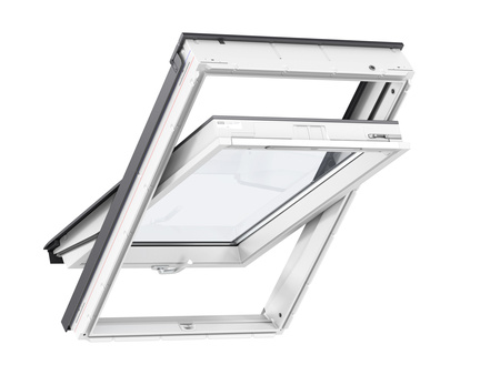 Okna dachowe VELUX GLU 0064B z dolnym otwieraniem, pakietem 3-szybowym z powłoką łatwozmywalną oraz redukcją szumu deszczu, oblachowanie zewnętrzne w kolorze RAL 7043