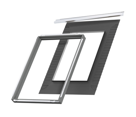 Kołnierze uszczelniające do zespoleń VELUX EKT 2001M do dachówki płaskiej, element skrajny lewy z regulowaną rynną zespalającą a=10-16 cm, w kolorze RAL 7043 (szarografitowy)