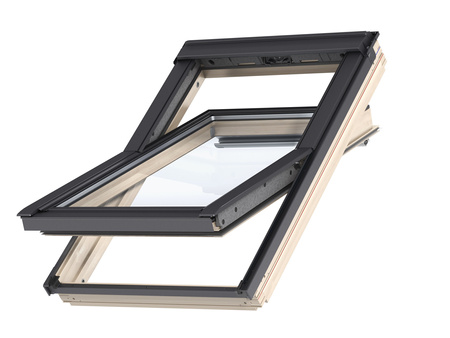 Okna dachowe VELUX GLL 1064 z górnym otwieraniem, pakietem 3-szybowym z powłoką łatwozmywalną oraz redukcją szumu deszczu, oblachowanie zewnętrzne w kolorze RAL 7043 (szarografitowy)