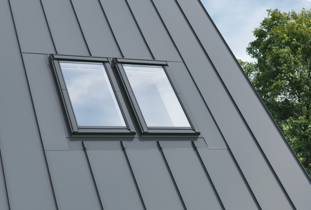 Kołnierze uszczelniające do zespoleń VELUX EKQ 2003M do blachy na rąbek, element skrajny prawy z regulowaną rynną zespalającą a=10-16 cm, w kolorze RAL 7043 (szarografitowy)