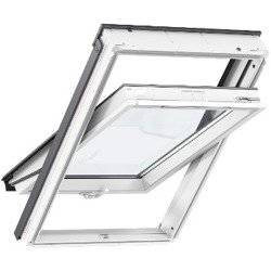Okna dachowe VELUX GLU 0064B z dolnym otwieraniem, pakietem 3-szybowym z powłoką łatwozmywalną oraz redukcją szumu deszczu, oblachowanie zewnętrzne w kolorze RAL 7043